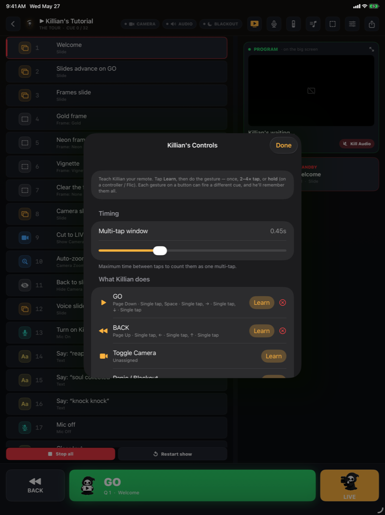 The show controls screen on iPad
