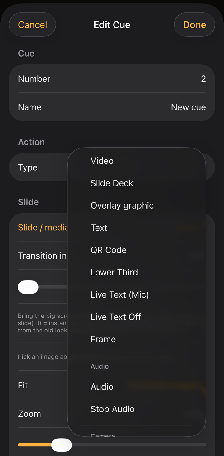 The cue type menu: video, slide deck, QR, lower third, live text and more