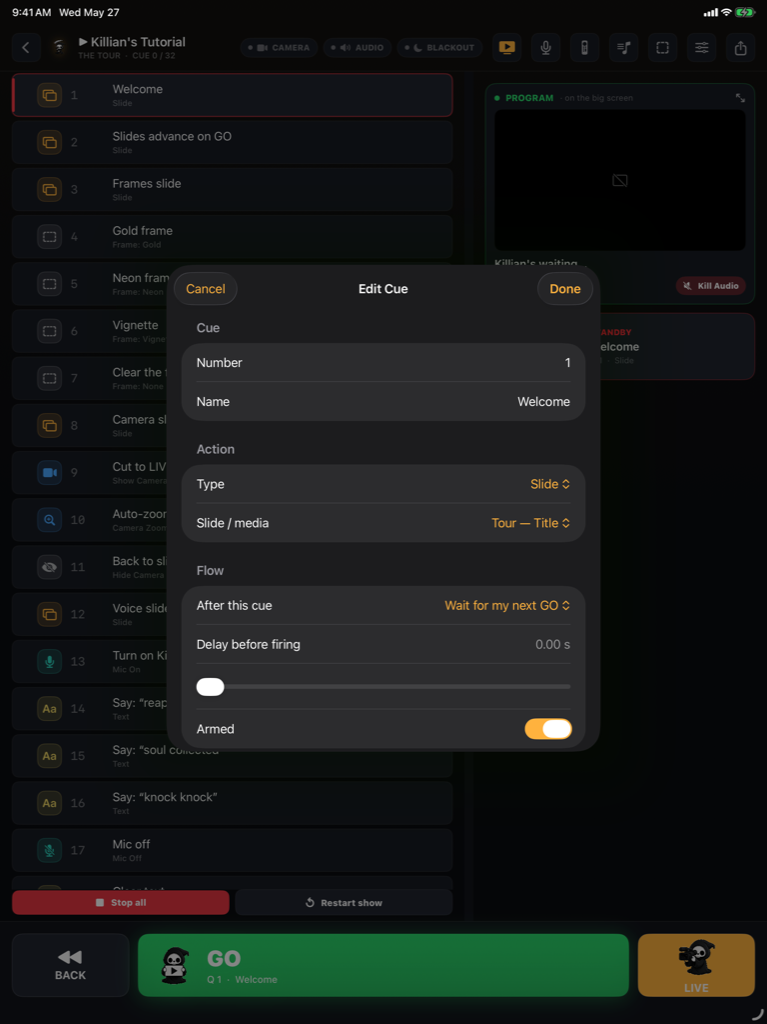 The cue editor on iPad