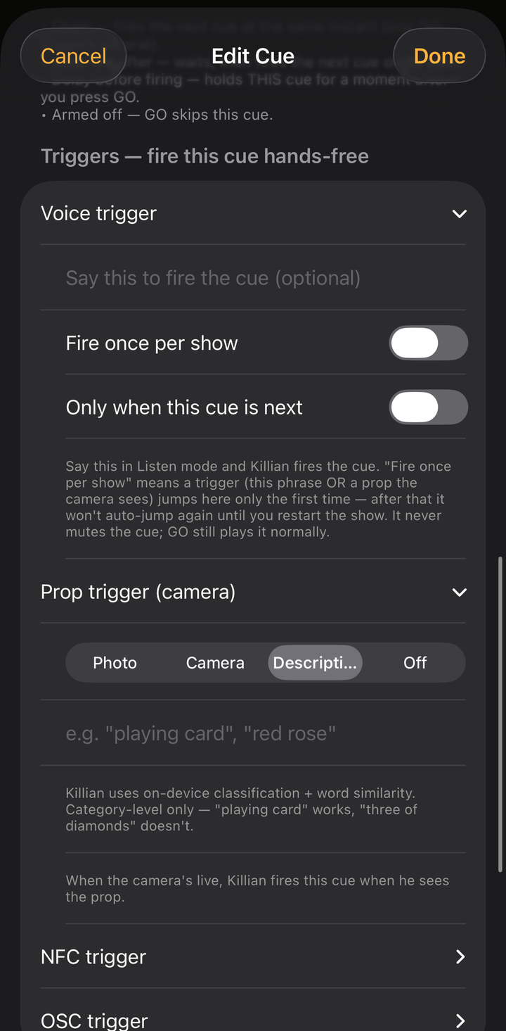 The hands-free triggers screen: voice, prop, NFC and OSC